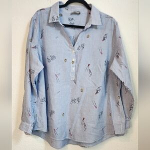 Dalia Blue Striped Feminine Print Women's Popover Blouse,‎ Size 2X